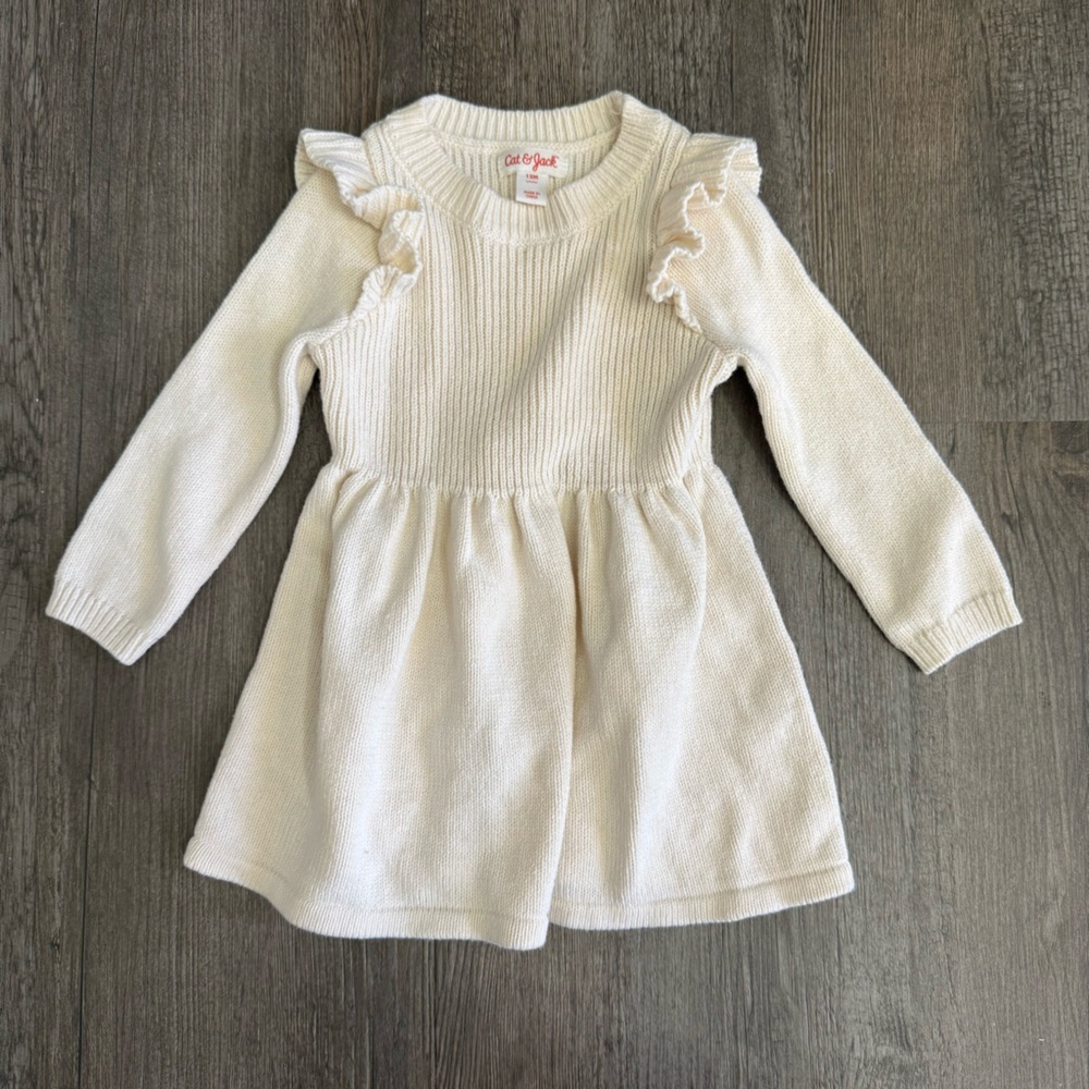 Cat & Jack Cream Ruffle Long Sleeve Knit Sweater Dress
